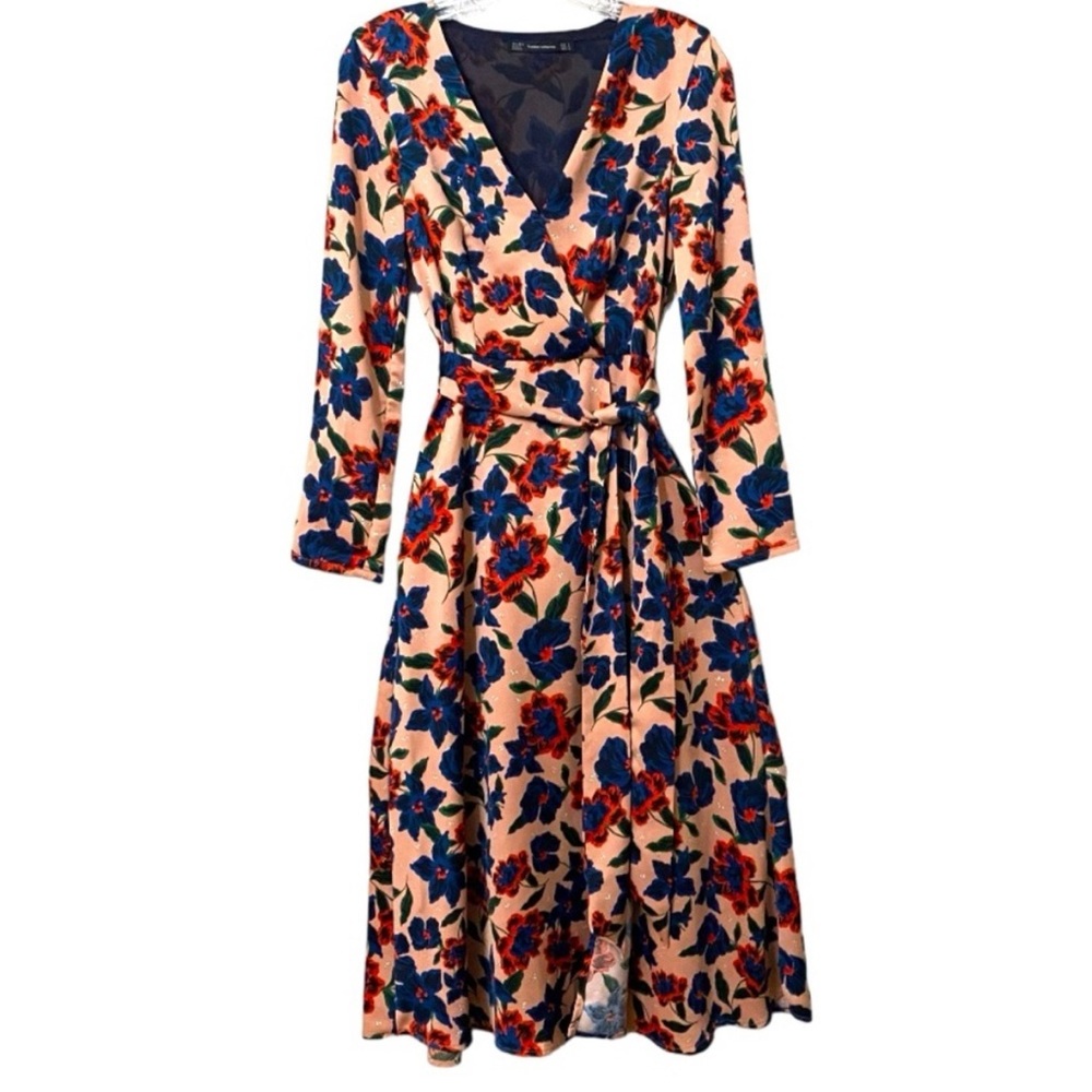 Zara Floral Wrap Long Sleeve Midi Dress